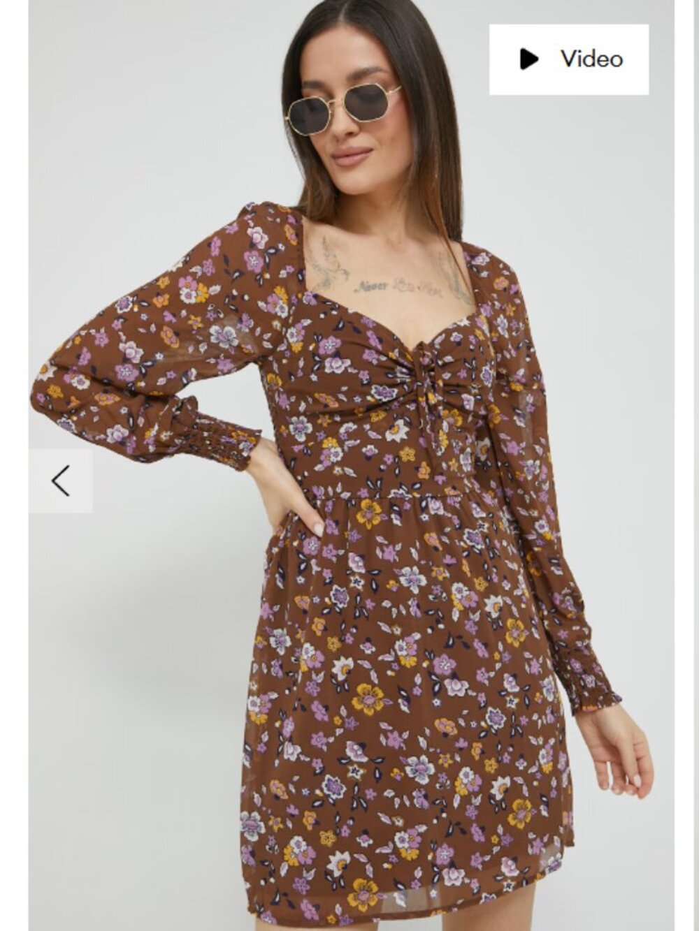 Hollister Floral Chiffon Mini Dress Brown Ditsy Boho Long Sleeve M
